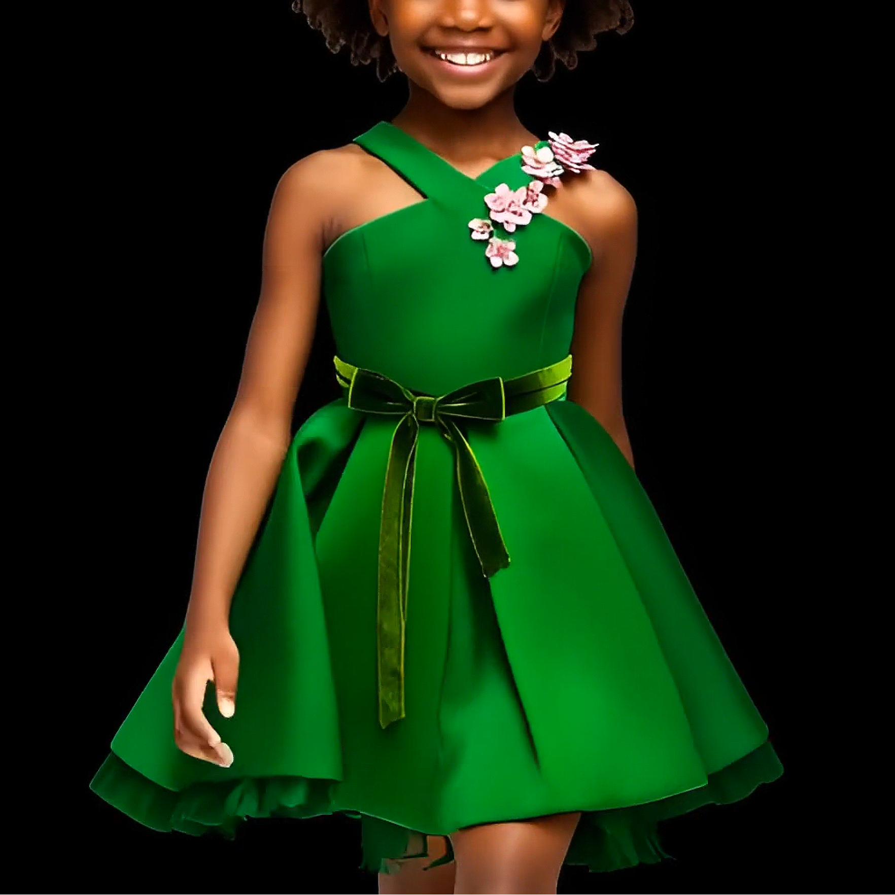 Young girl wearing a green dress with a floral accessory on a black background
