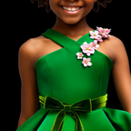 Green dress with floral embellishments worn by a person on a black background