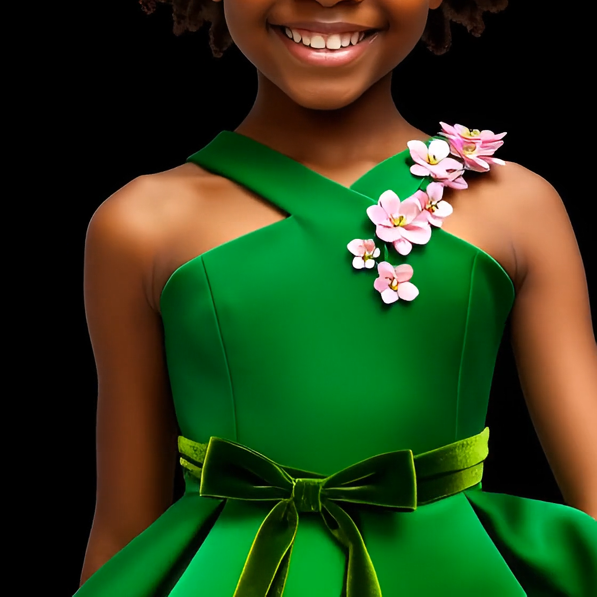 Green dress with floral embellishments worn by a person on a black background