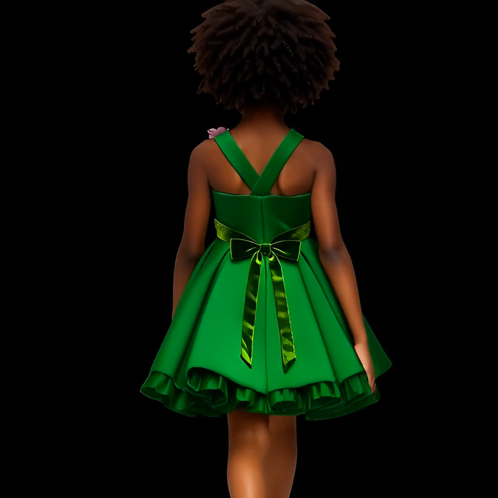 Green dress with a large bow on a black background