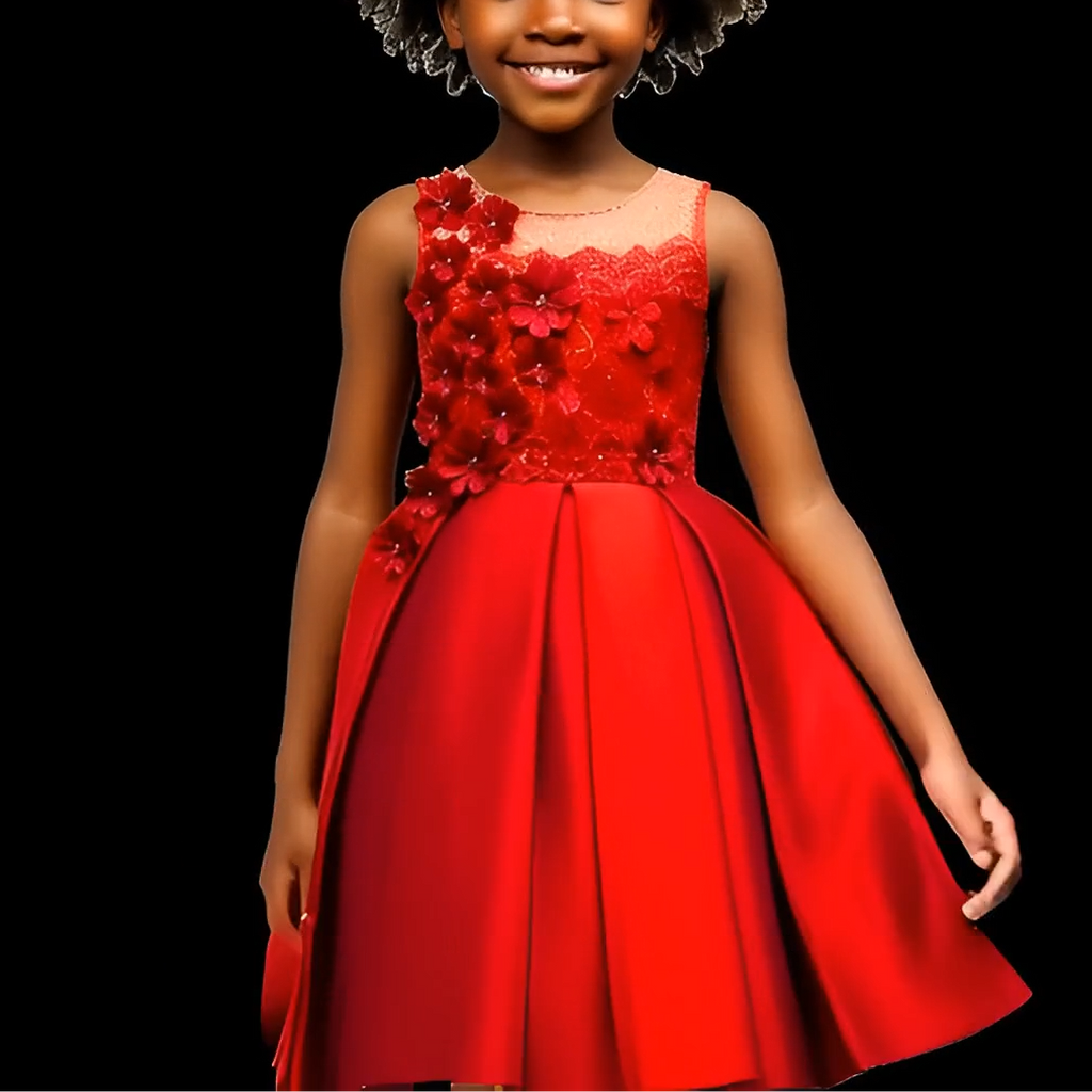 Young girl wearing a red dress with floral details on a black background