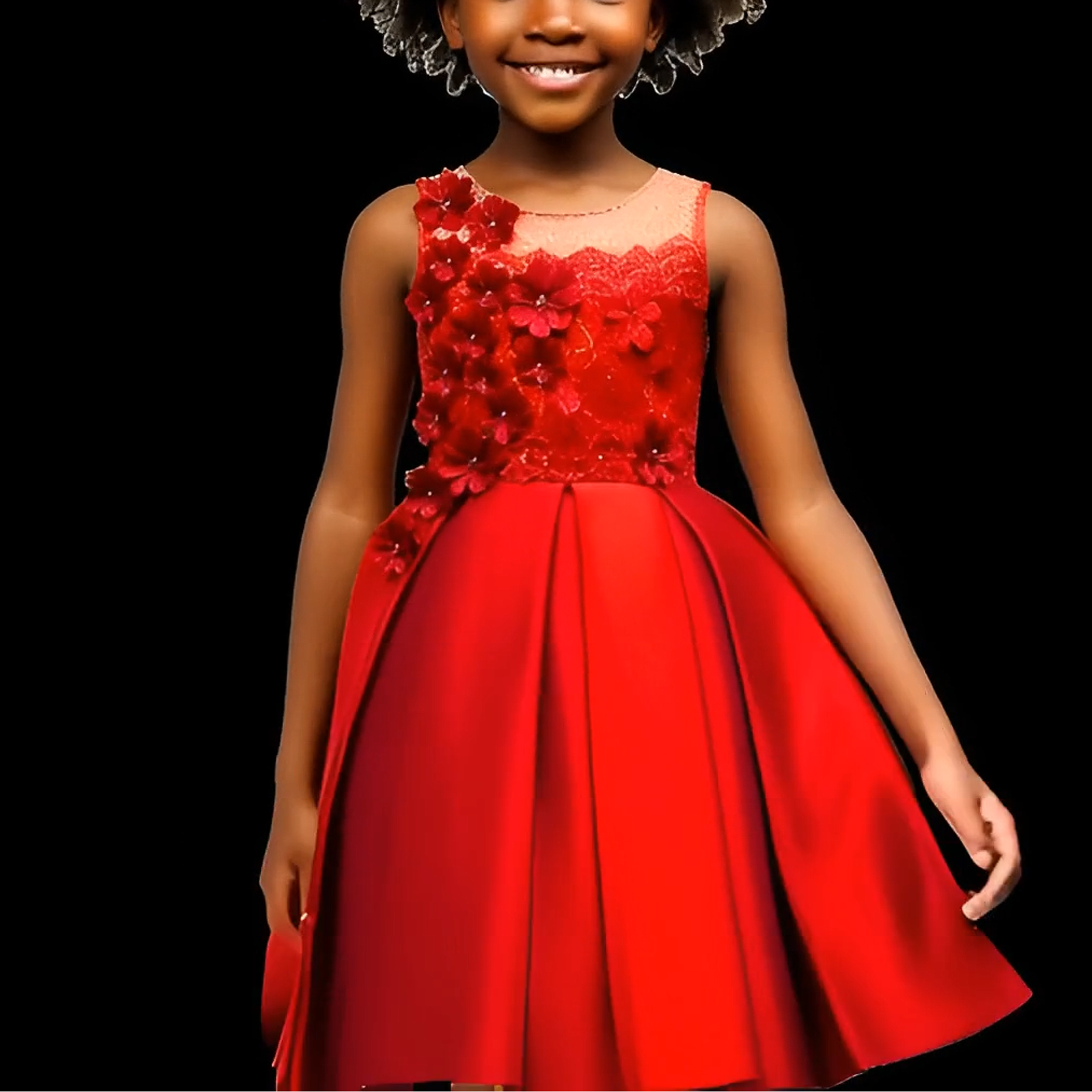 Young girl wearing a red dress with floral details on a black background