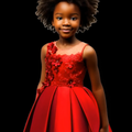 Young girl wearing a red dress with floral details against a black background