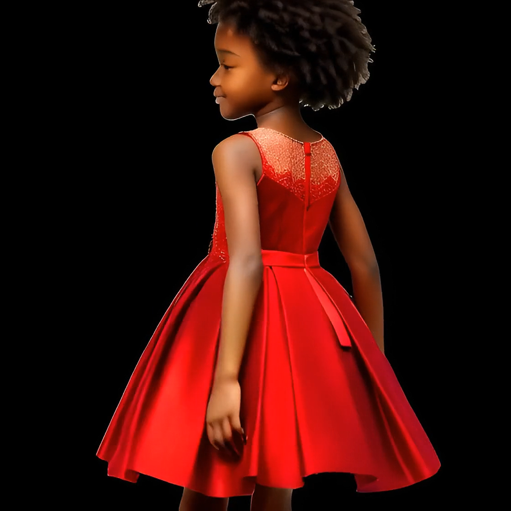 Young girl wearing a red dress against a black background