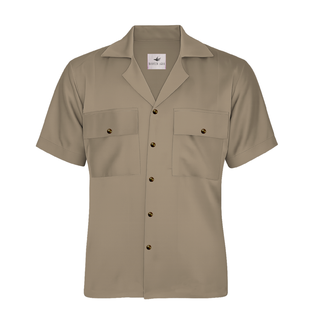 Beige short-sleeve shirt with button details on a white background