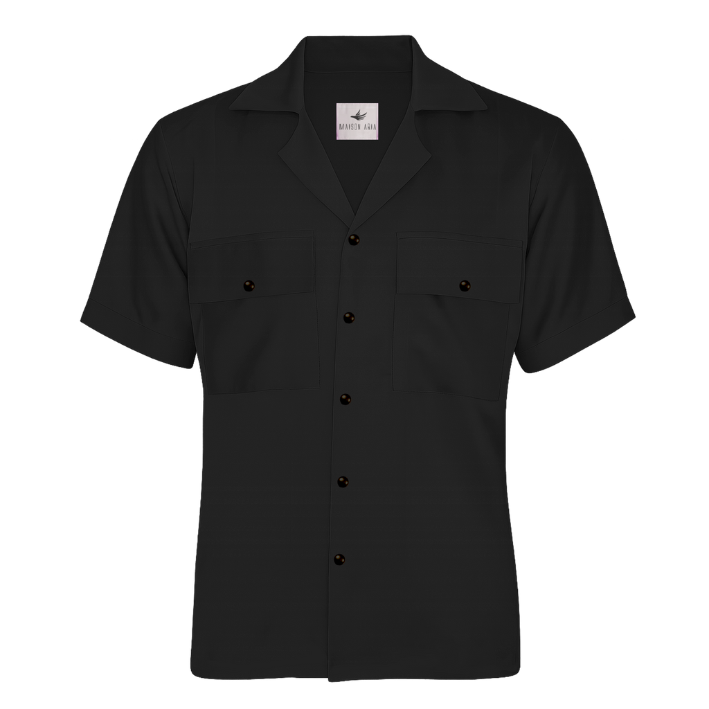 Black short-sleeve shirt with button details on a white background