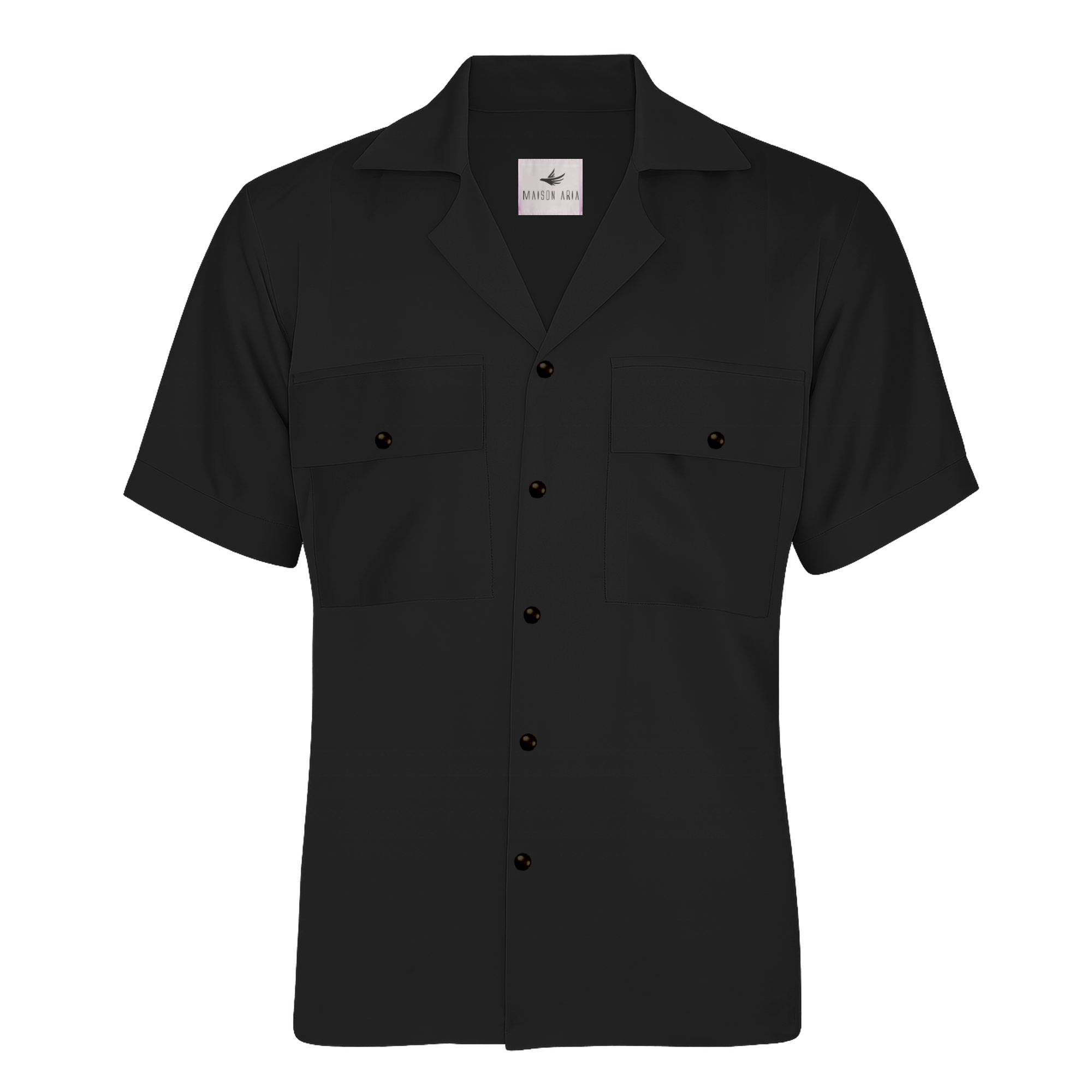 Black short-sleeve shirt with button details on a white background