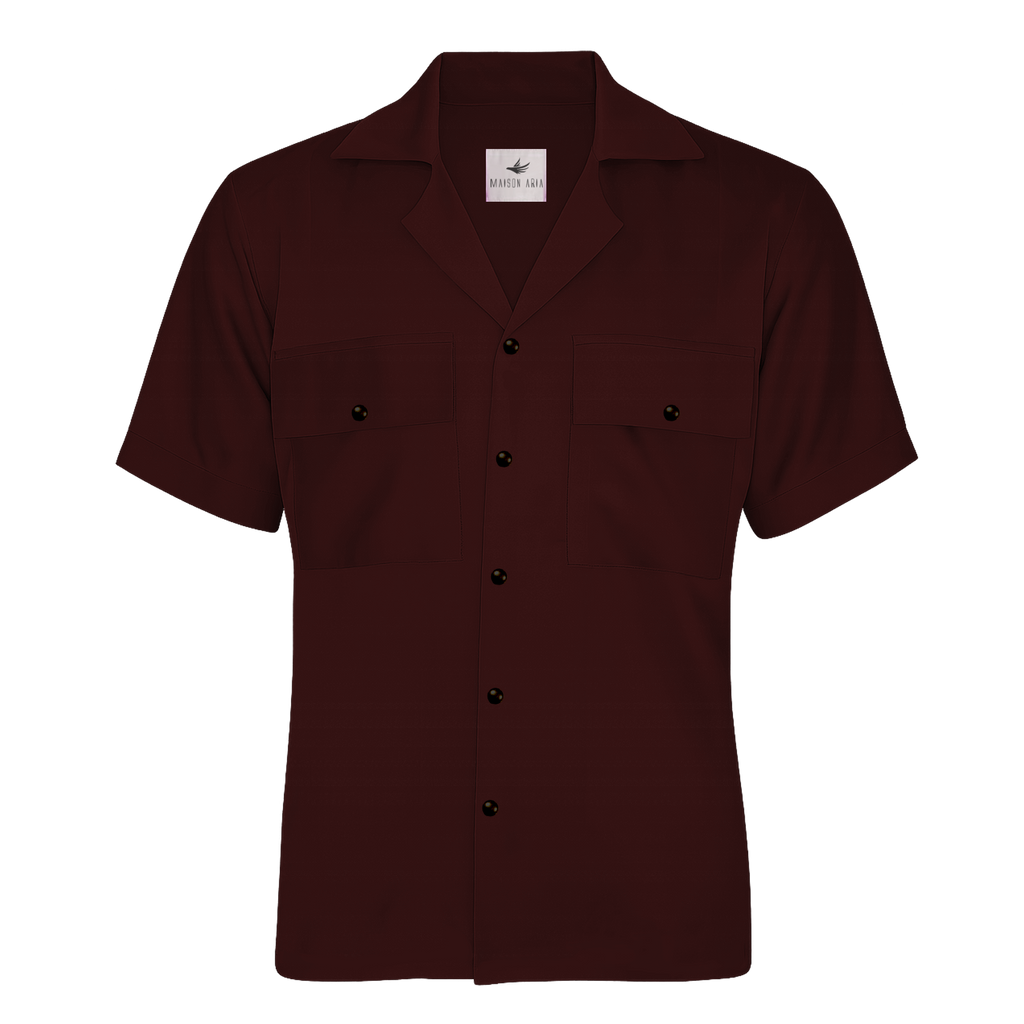 Burgundy short-sleeve shirt with button details on a white background