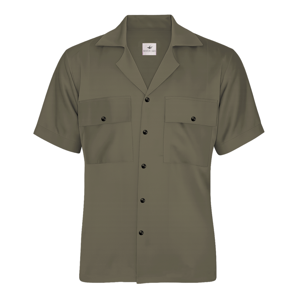 Green short-sleeve shirt with button details on a white background