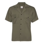 Green short-sleeve shirt with button details on a white background