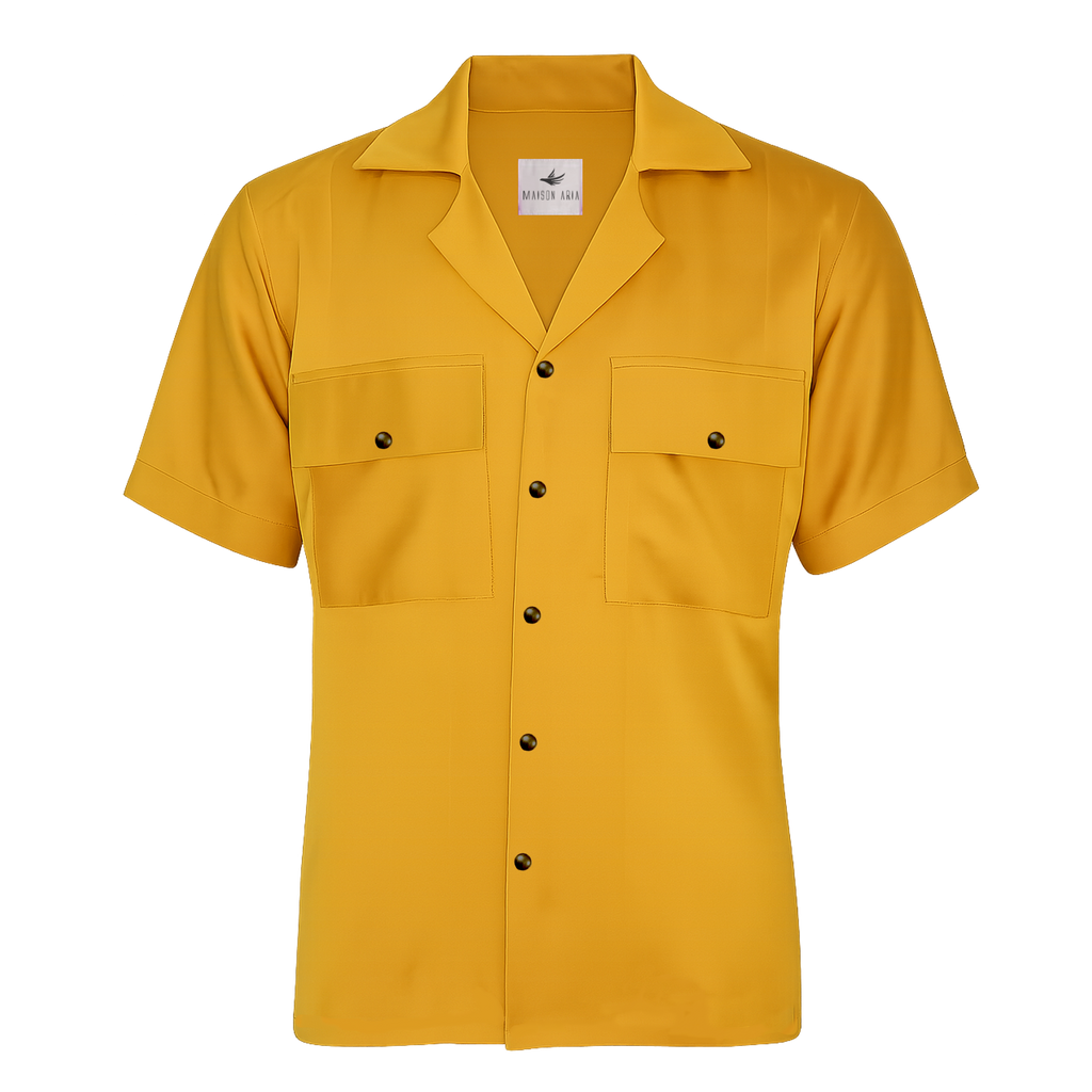 Yellow short-sleeve shirt with button details on a white background