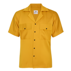 Yellow short-sleeve shirt with button details on a white background