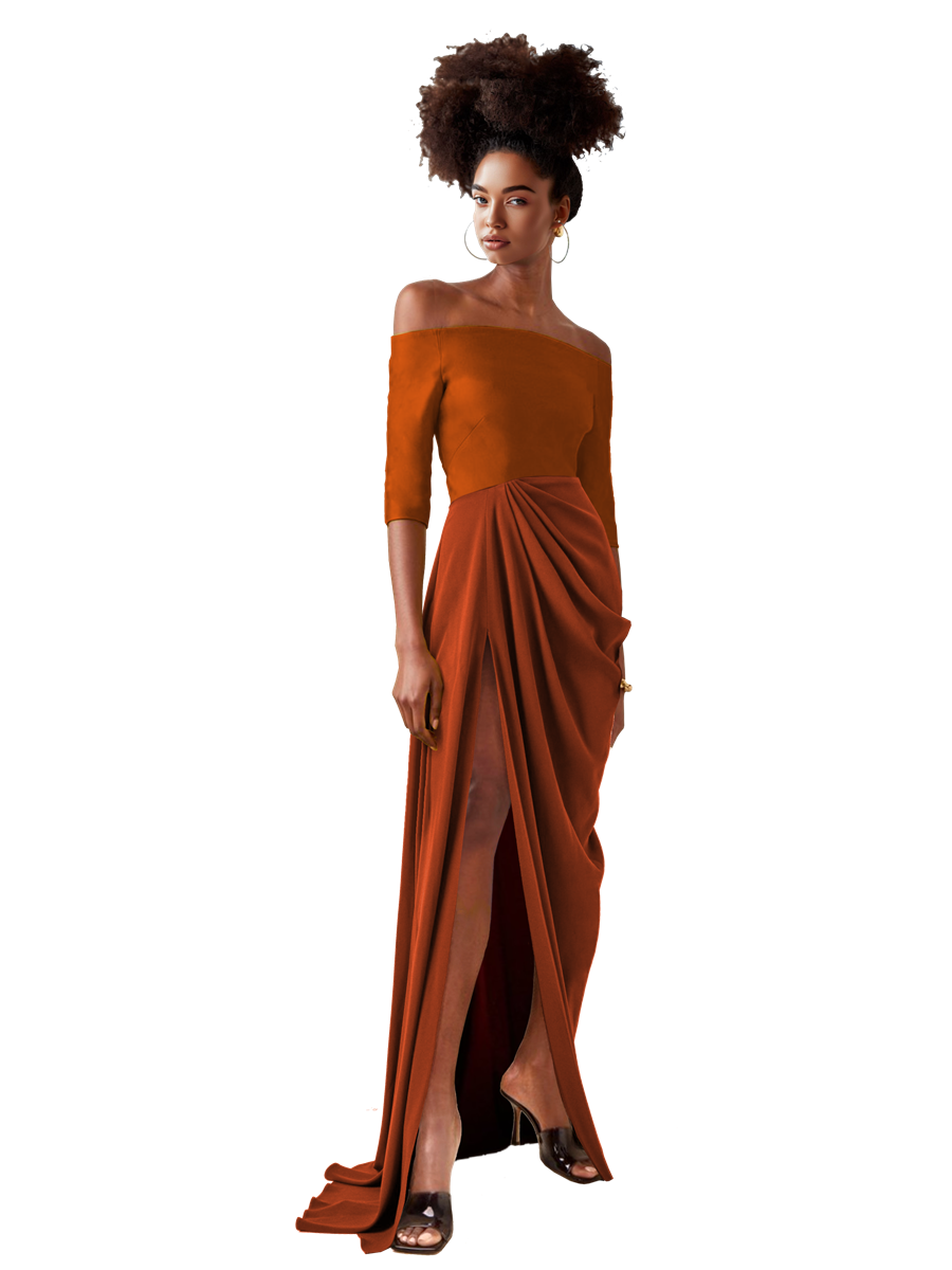 Woman wearing a rust-colored off-shoulder gown with a draped design on a white background
