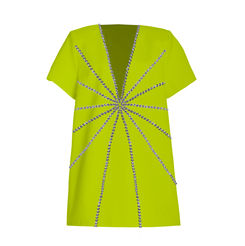 Lime green t-shirt with silver embellishments on a white background