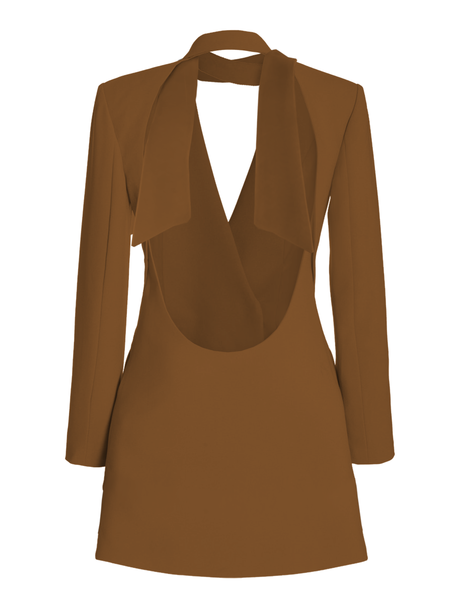 Brown dress with a halter neckline on a white background