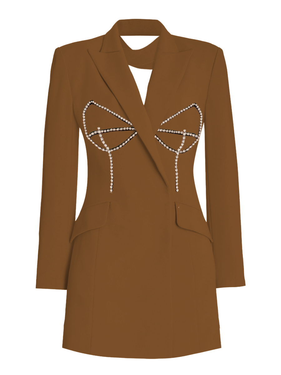 Brown blazer dress with a decorative bow on a white background