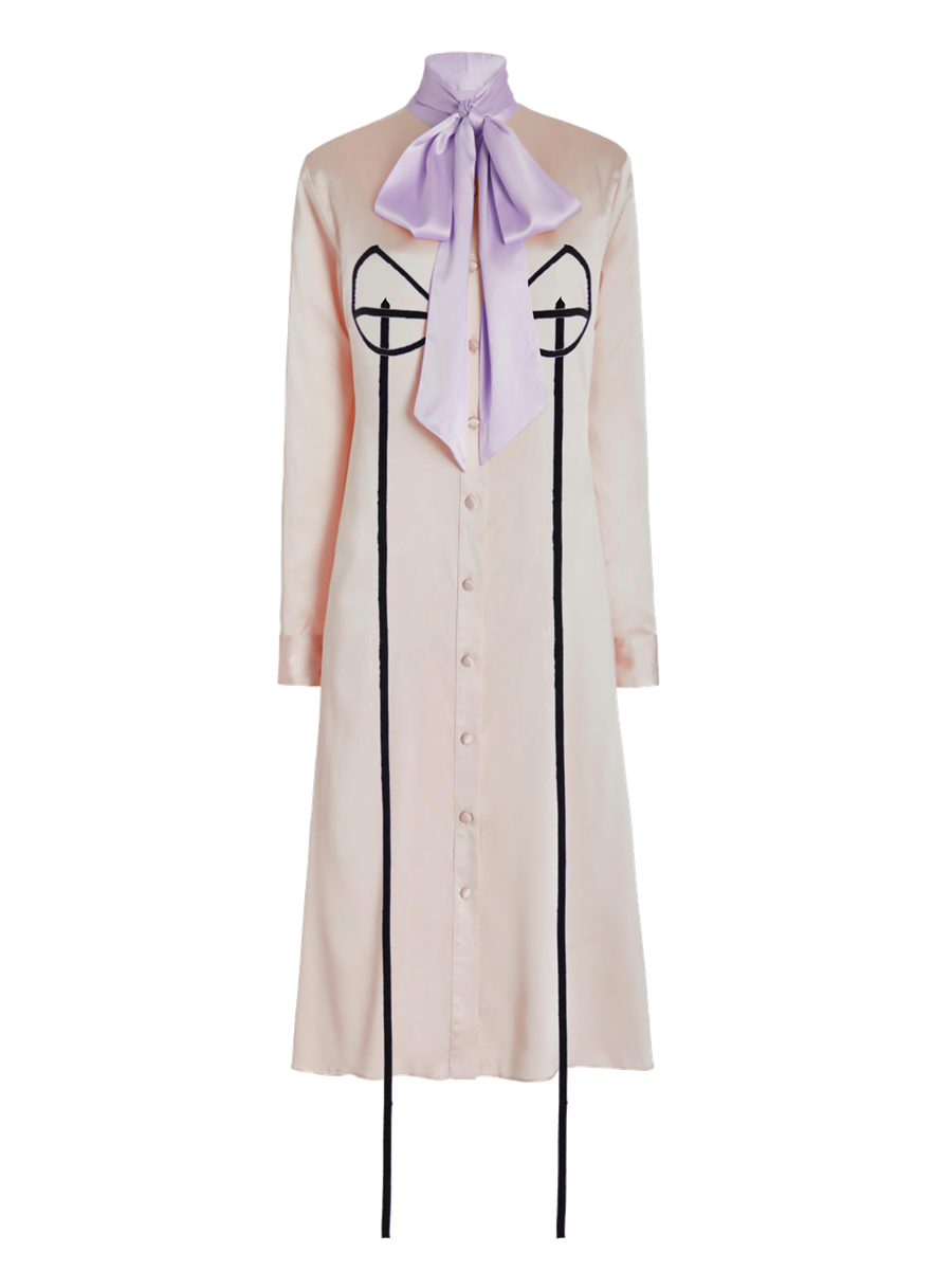 Long beige dress with a purple bow and black accents on a white background