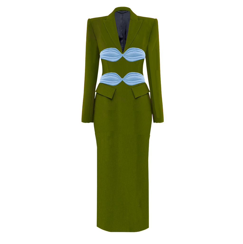Green dress with blue accents on a white background