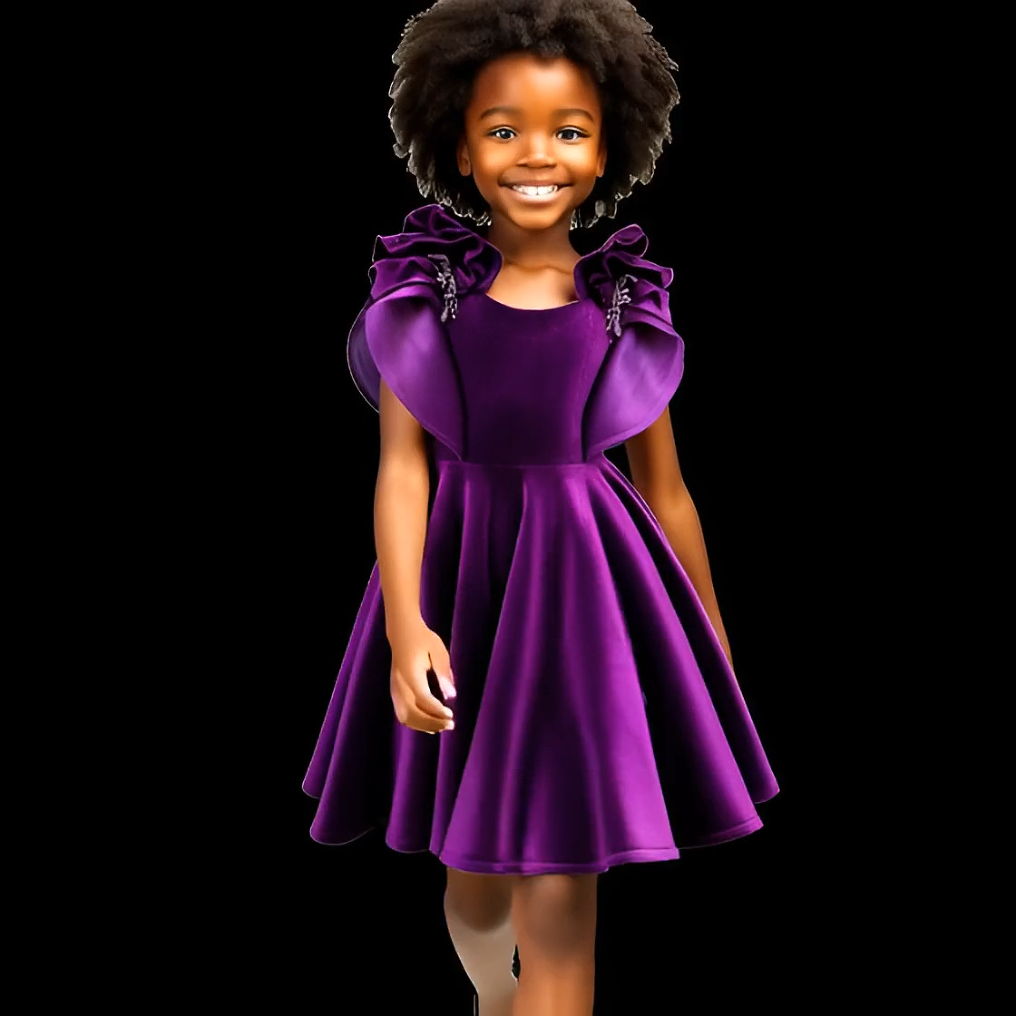 Young girl wearing a purple dress with ruffled shoulders on a black background