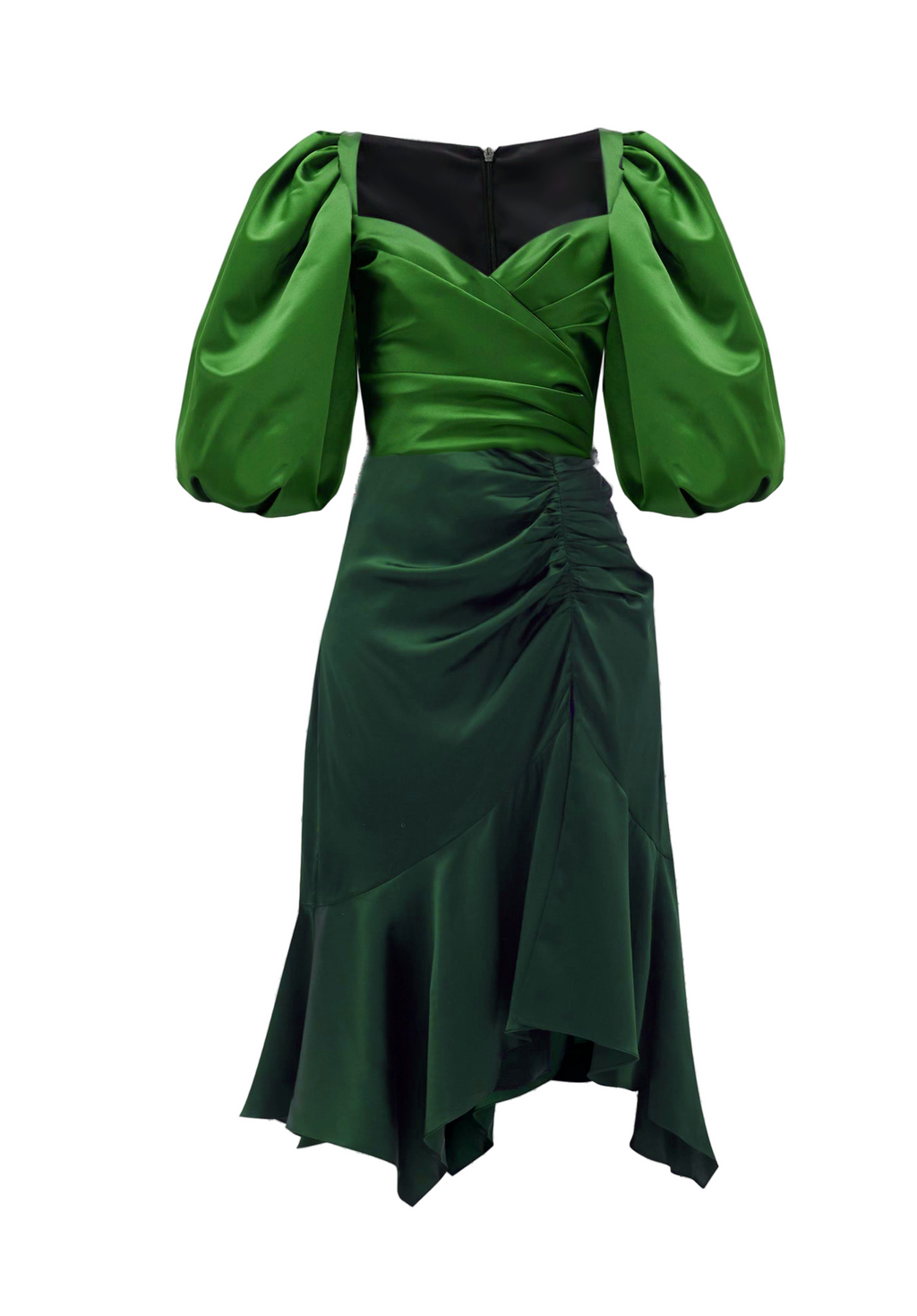 Green satin dress with puff sleeves on a white background