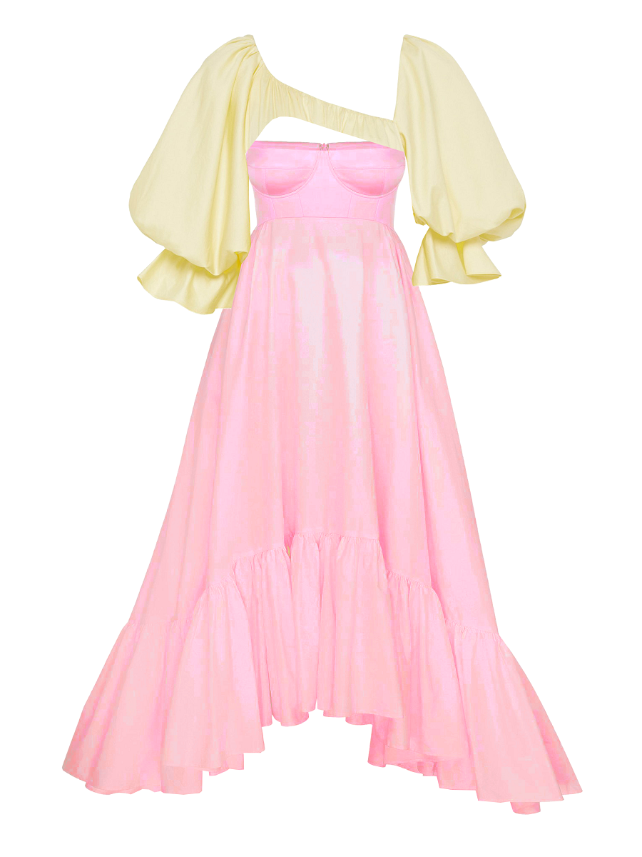Pink dress with yellow sheer sleeves on a white background