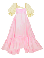 Pink dress with yellow sleeves on a white background