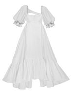 White off-shoulder dress with ruffled sleeves on a white background