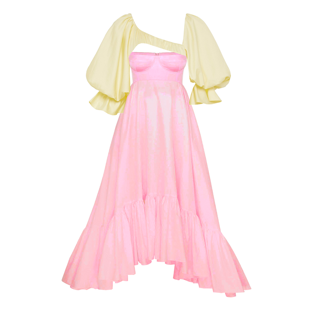 Pink dress with yellow sheer sleeves on a white background