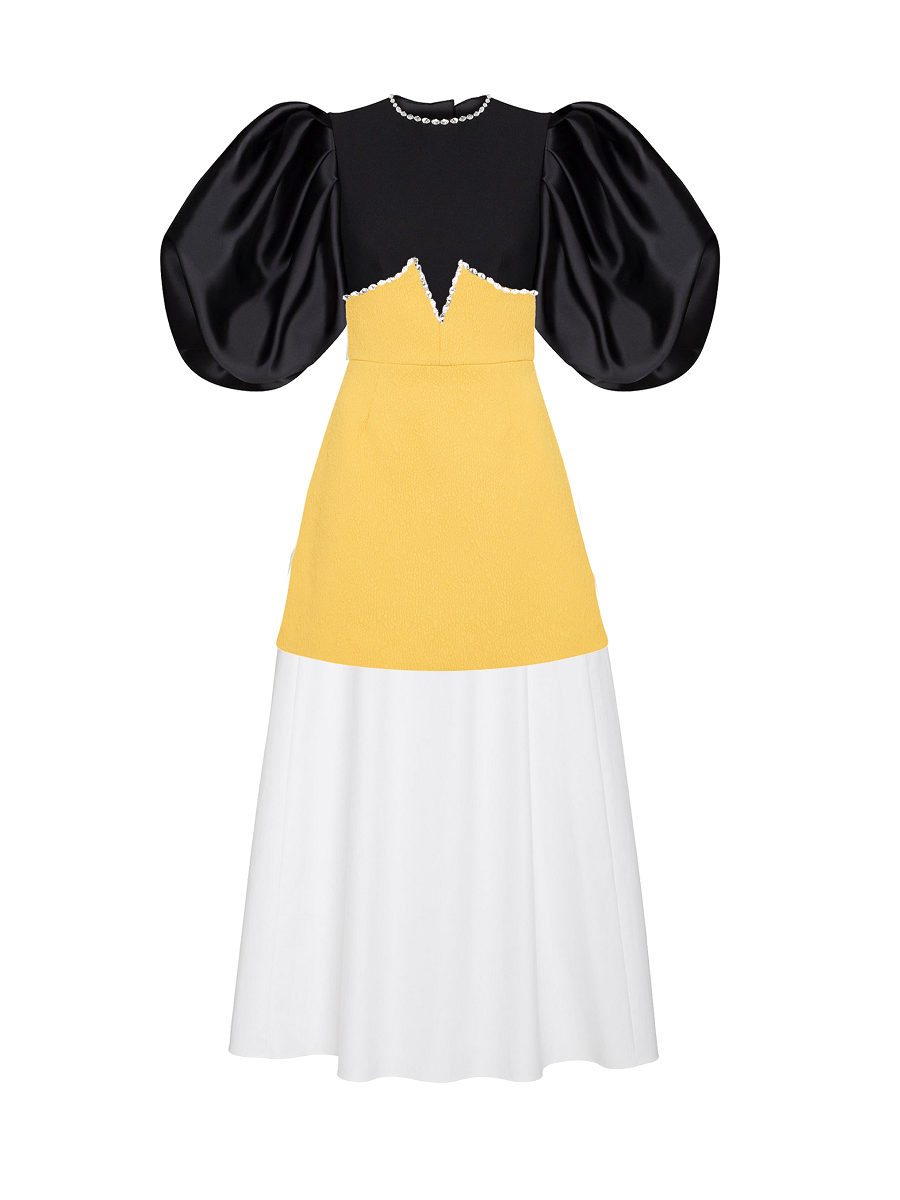 Dress with black top, yellow middle section, and white bottom on a white background