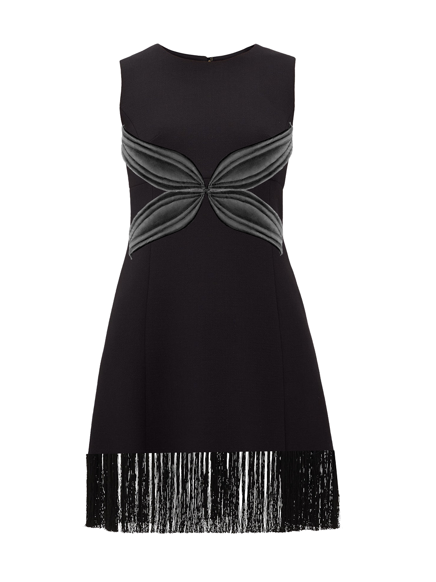 Black dress with a unique design on a white background