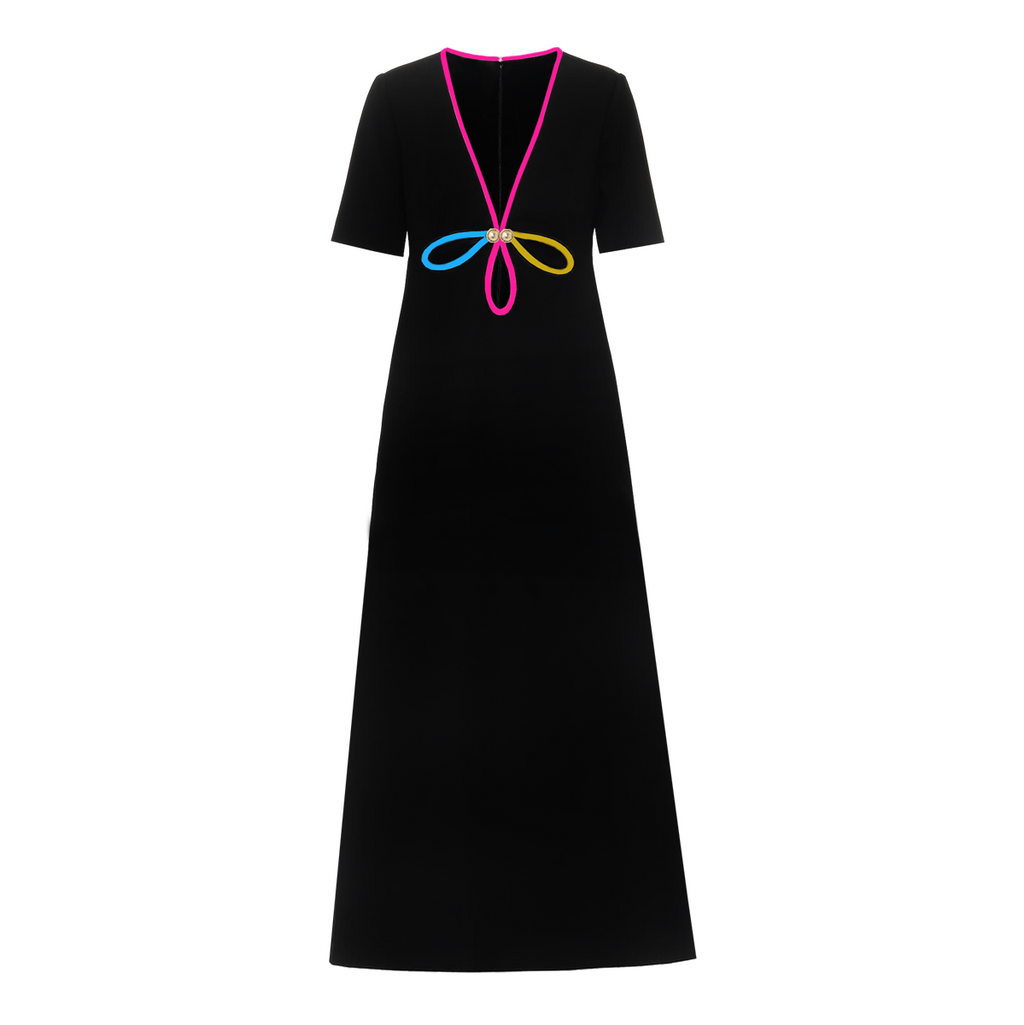 Black dress with colorful bow design on a white background