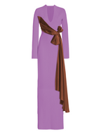 Purple dress with a brown sash on a white background