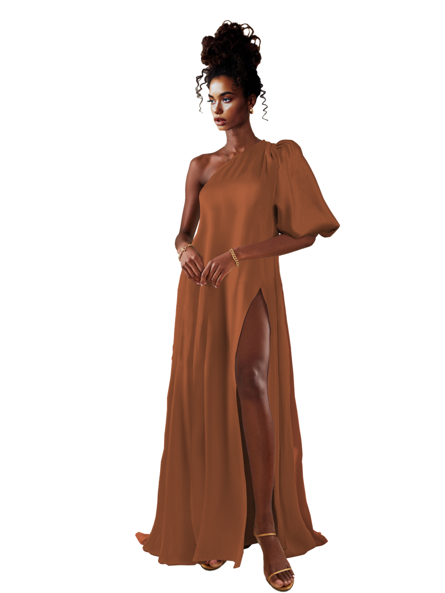 Woman wearing a brown one-shoulder dress with a high slit on a white background