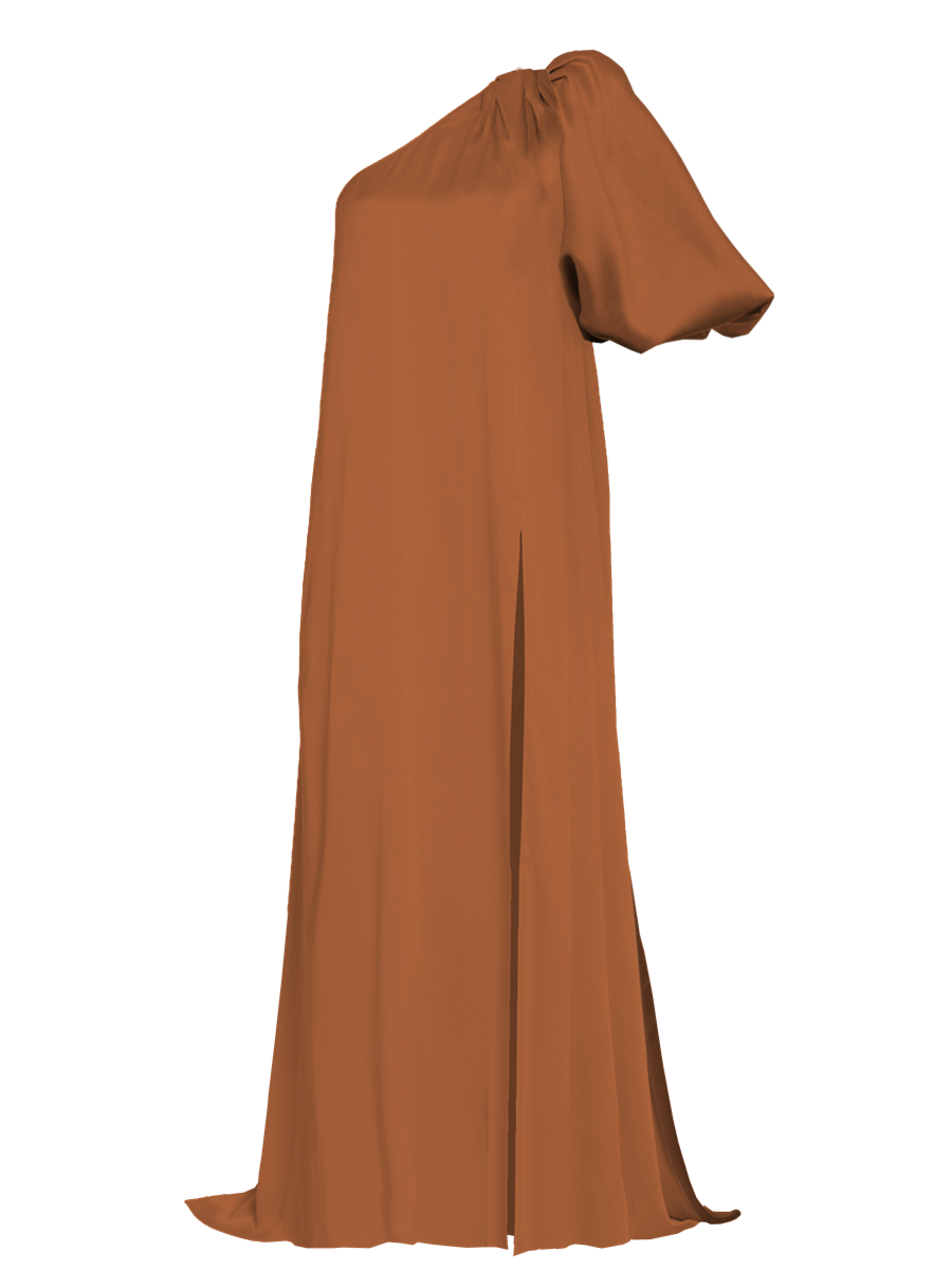 Brown one-shoulder dress on a white background
