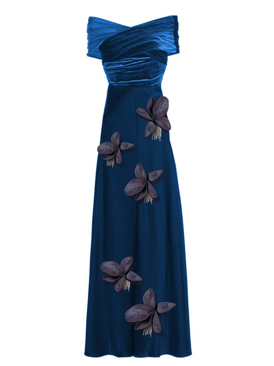 Blue evening gown with floral embellishments on a white background