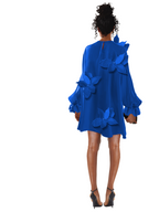 Blue dress with floral details on a white background