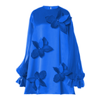 Blue dress with floral appliqués on a white background