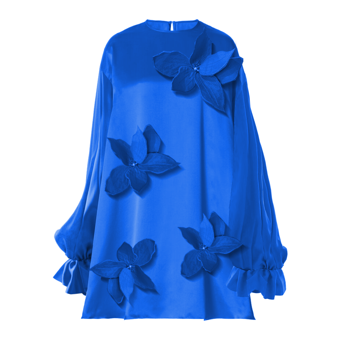 Blue dress with floral appliqués on a white background