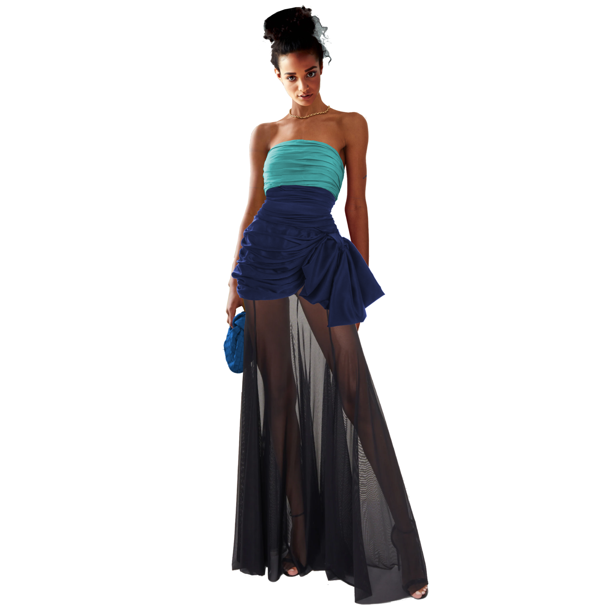 Woman wearing a strapless two-tone dress with a blue top and black skirt on a white background