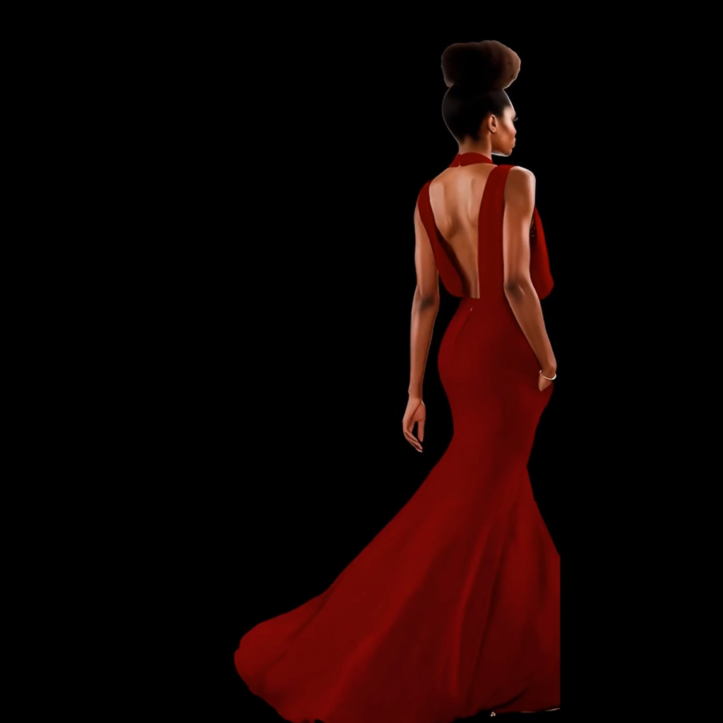 Woman in a red evening gown with a long train on a black background
