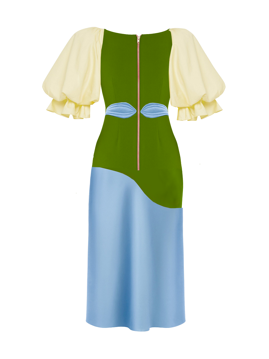Green and blue dress with cream sleeves on a white background