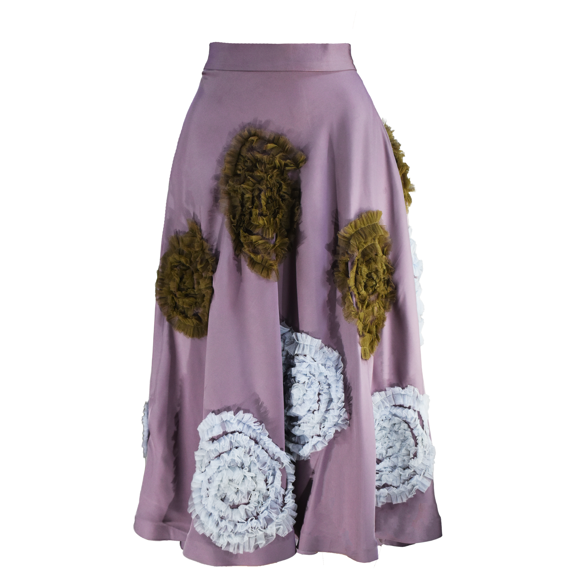 Purple skirt with floral and textured patchwork on a white background