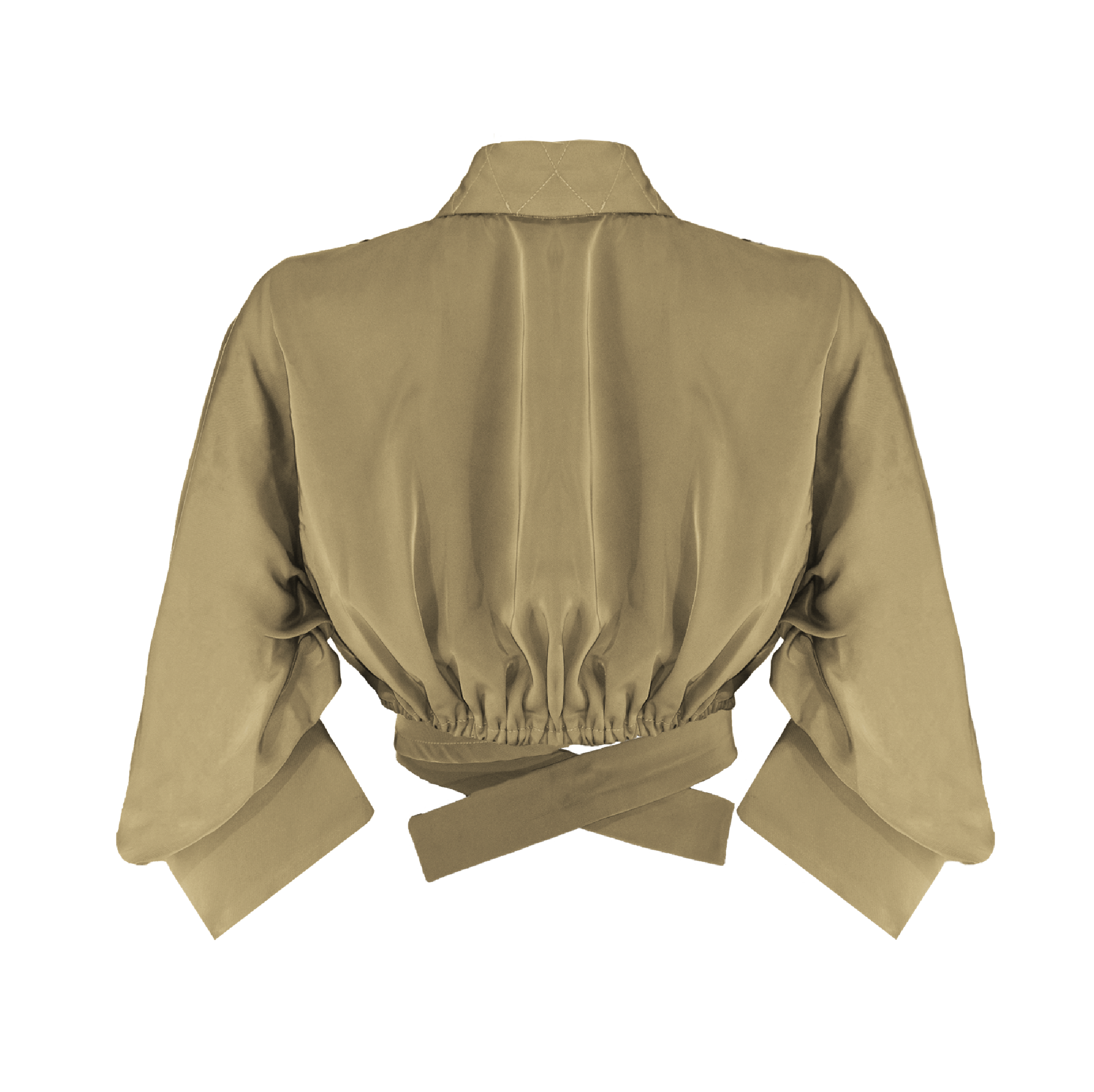 Beige cropped jacket with a tie detail on a white background