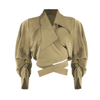 Khaki-colored jacket with a unique design on a white background