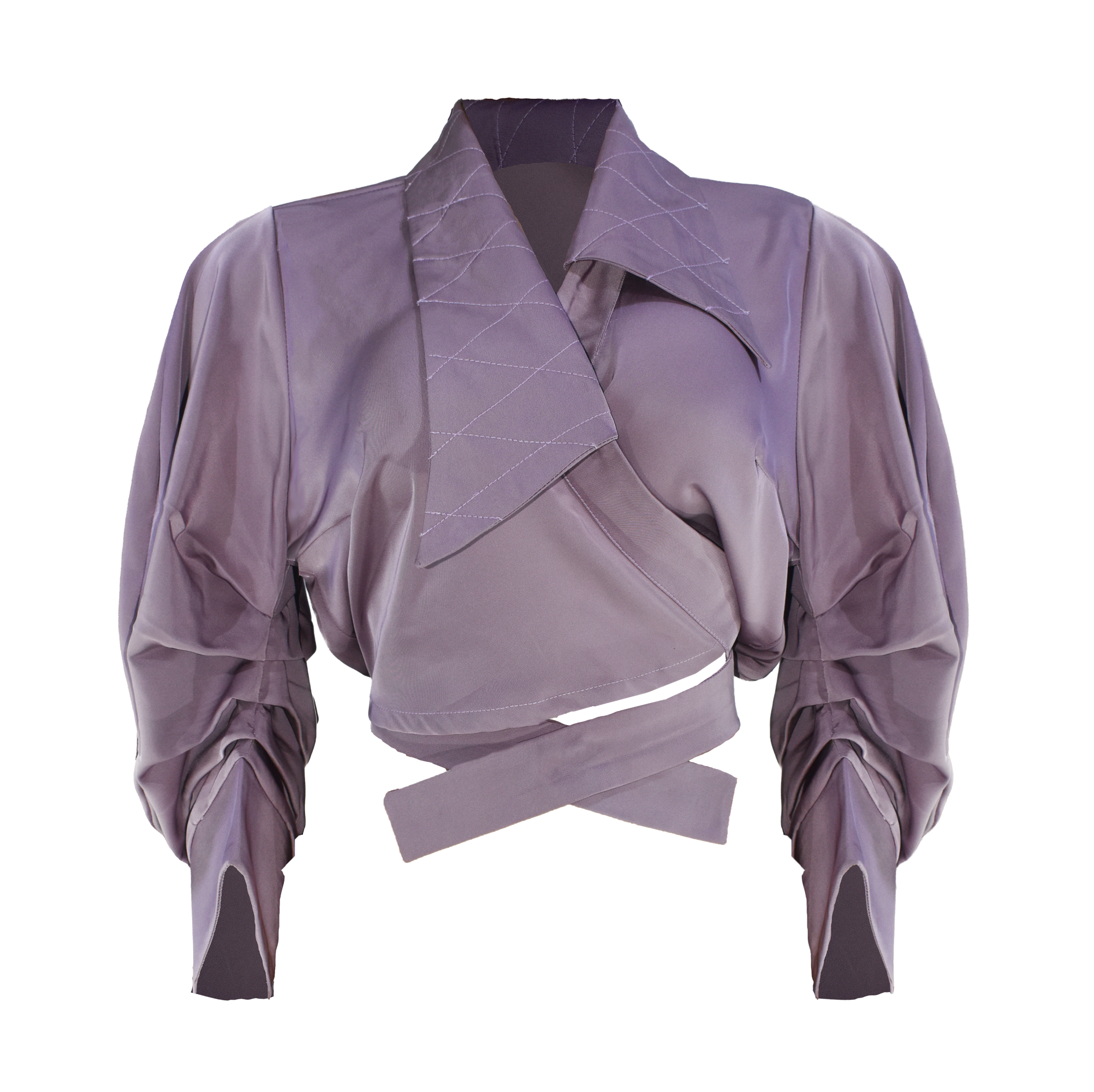 Purple jacket with draped design on a white background