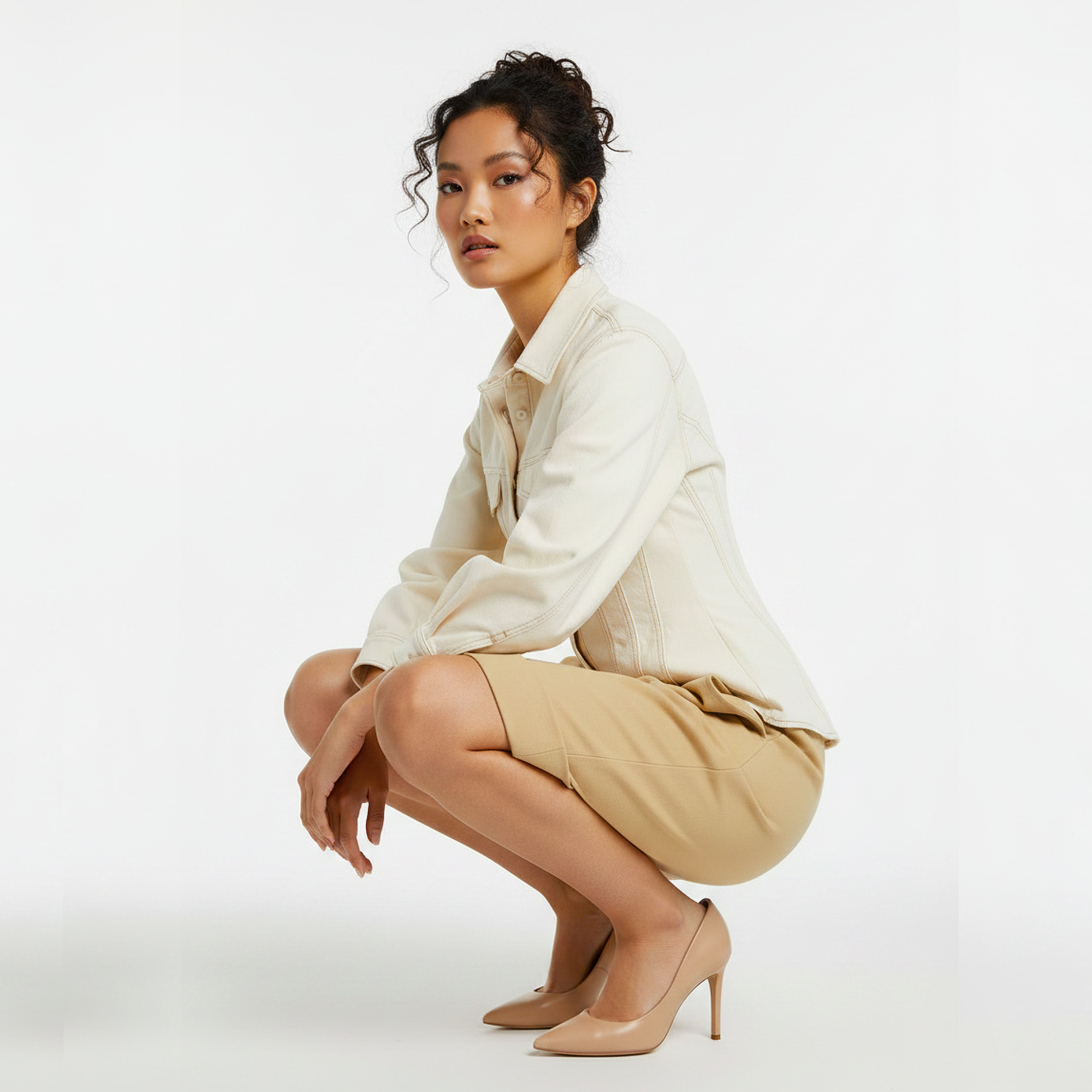 Woman in a white shirt and beige skirt posing on a white background