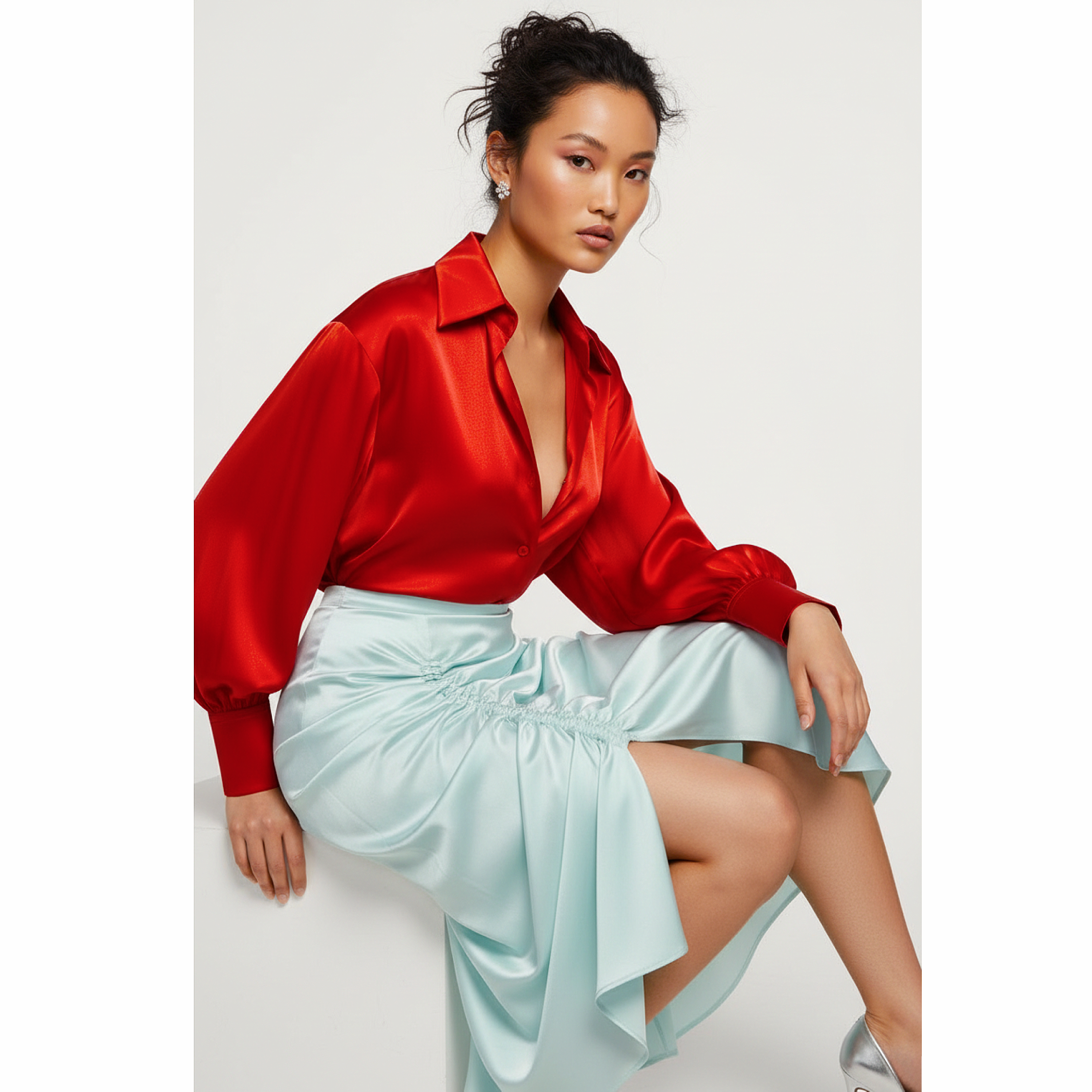 Oma Ruched Drape Silk Midi Skirt