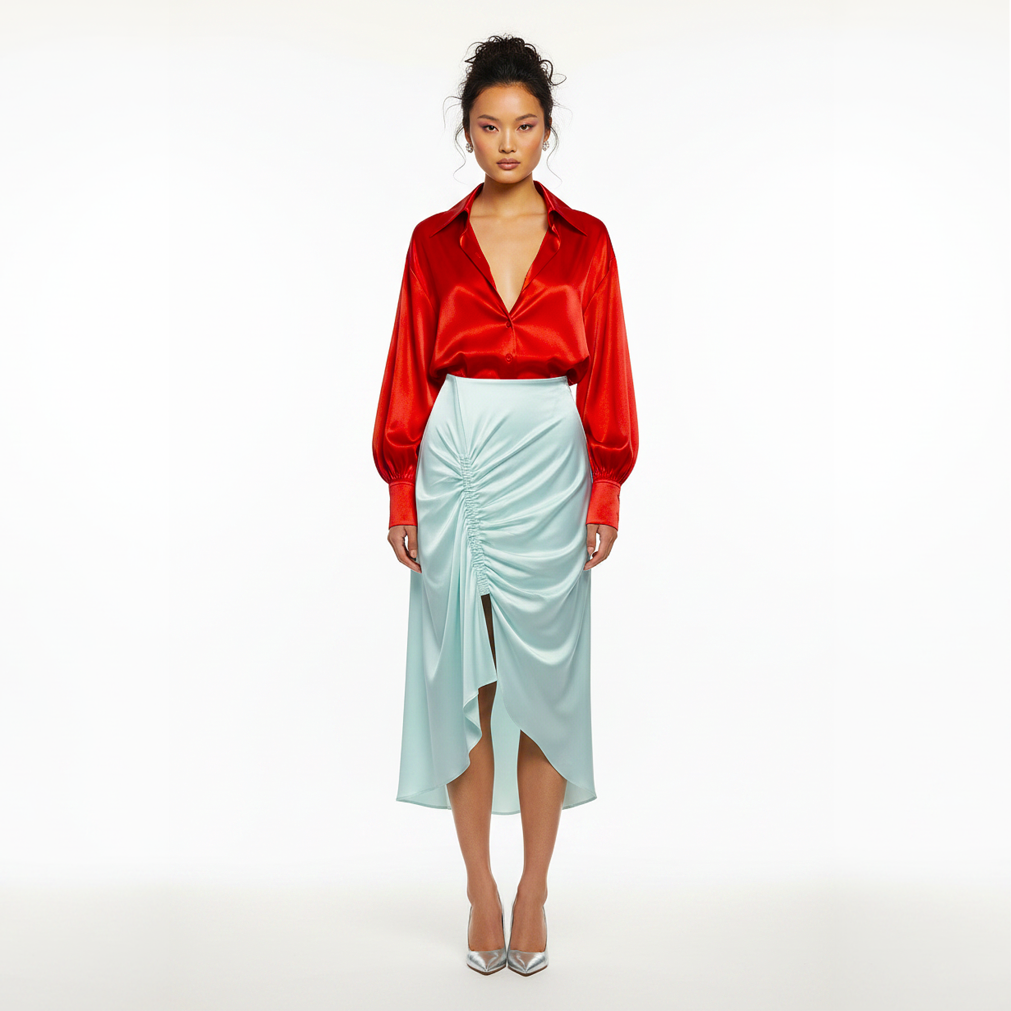 Oma Ruched Drape Silk Midi Skirt