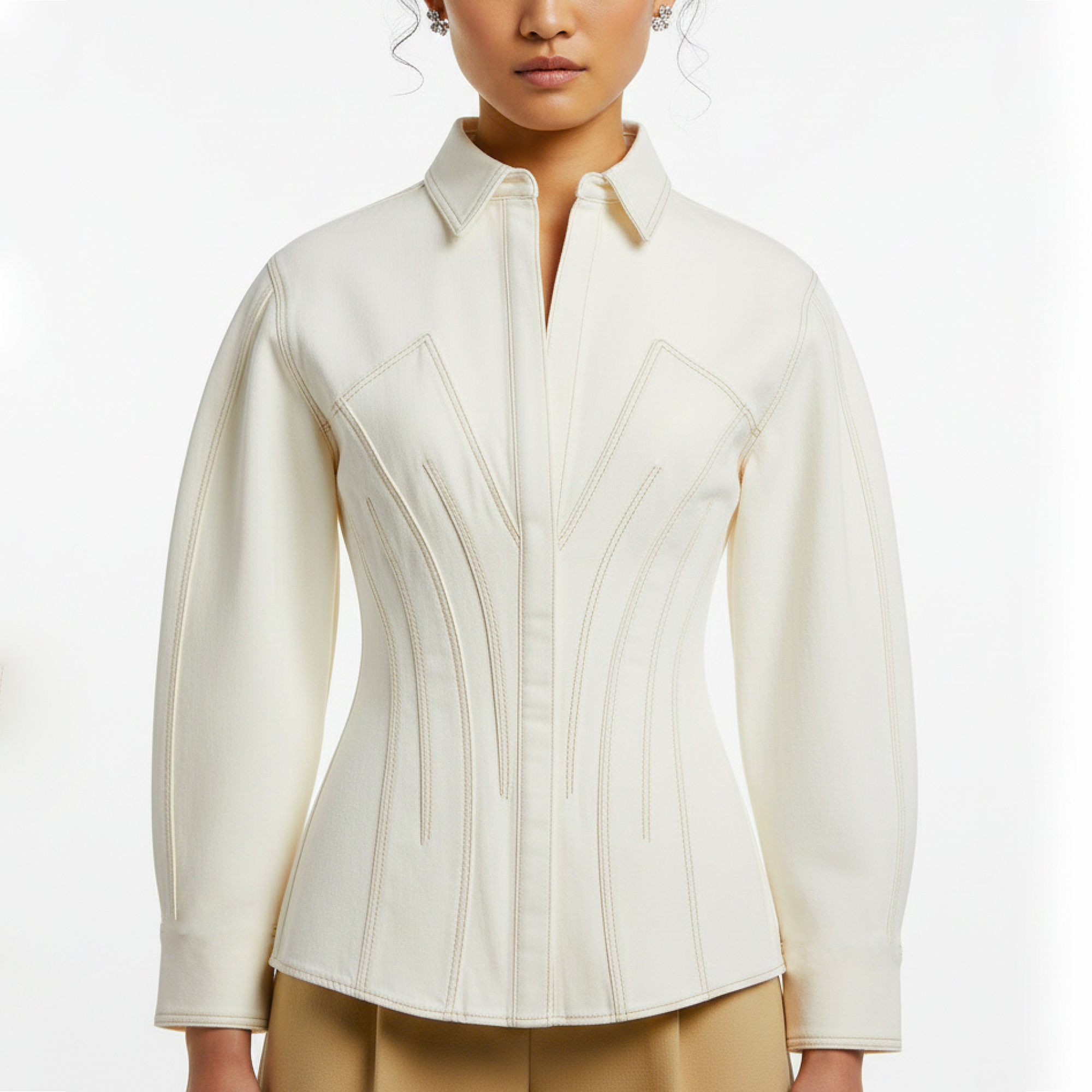 White jacket worn by a person on a white background