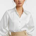 White satin shirt worn by a model on a white background